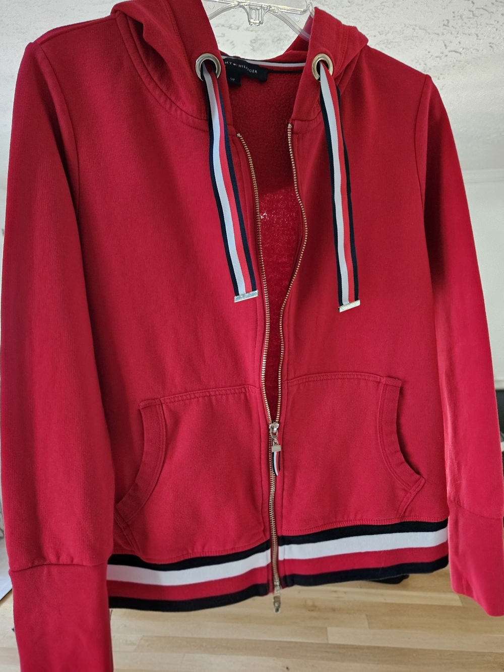 Tommy Hilfiger Red Zip-Up Hoodie with Tricolor Stripe Details